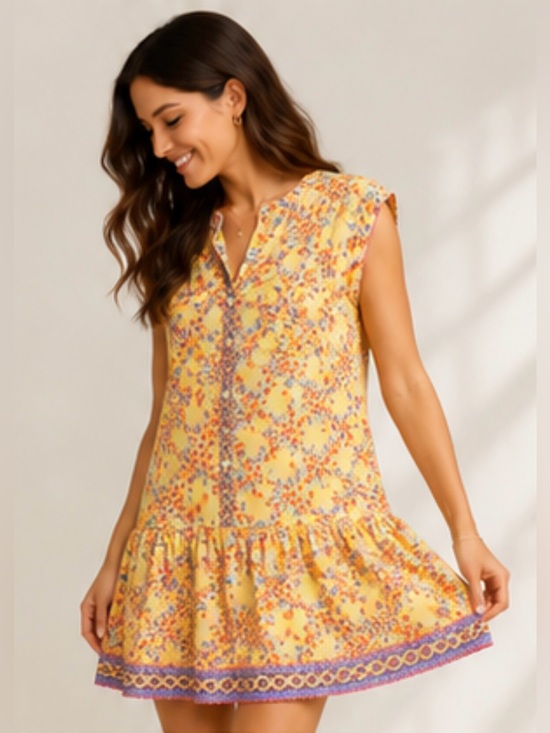 Poupette St. Barth Dresses & Skirts - Poupette St Barth Amora Drop Waist Mini Dress Yellow Kookoo Bird Large NWT